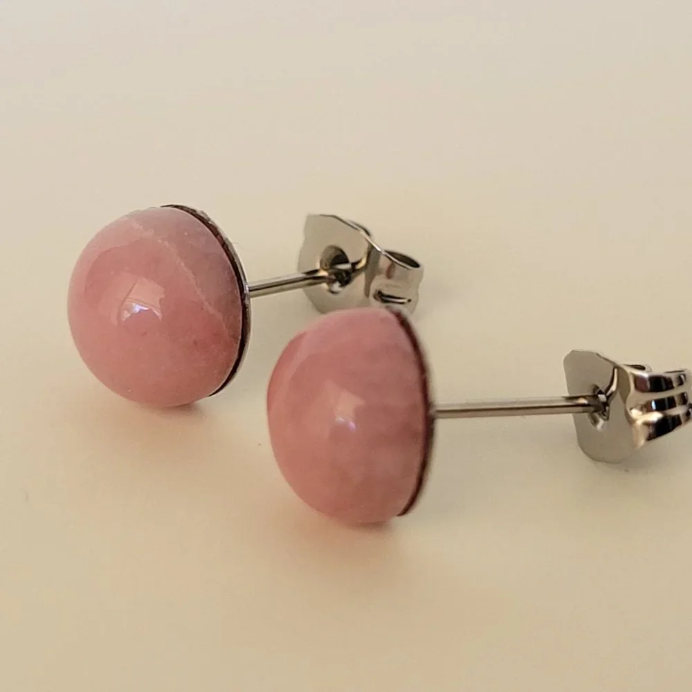 New 8mm Rhodochrosite Stud Earrings on 316L SS Posts Minimalist Natural Mineral - Picture 2 of 3